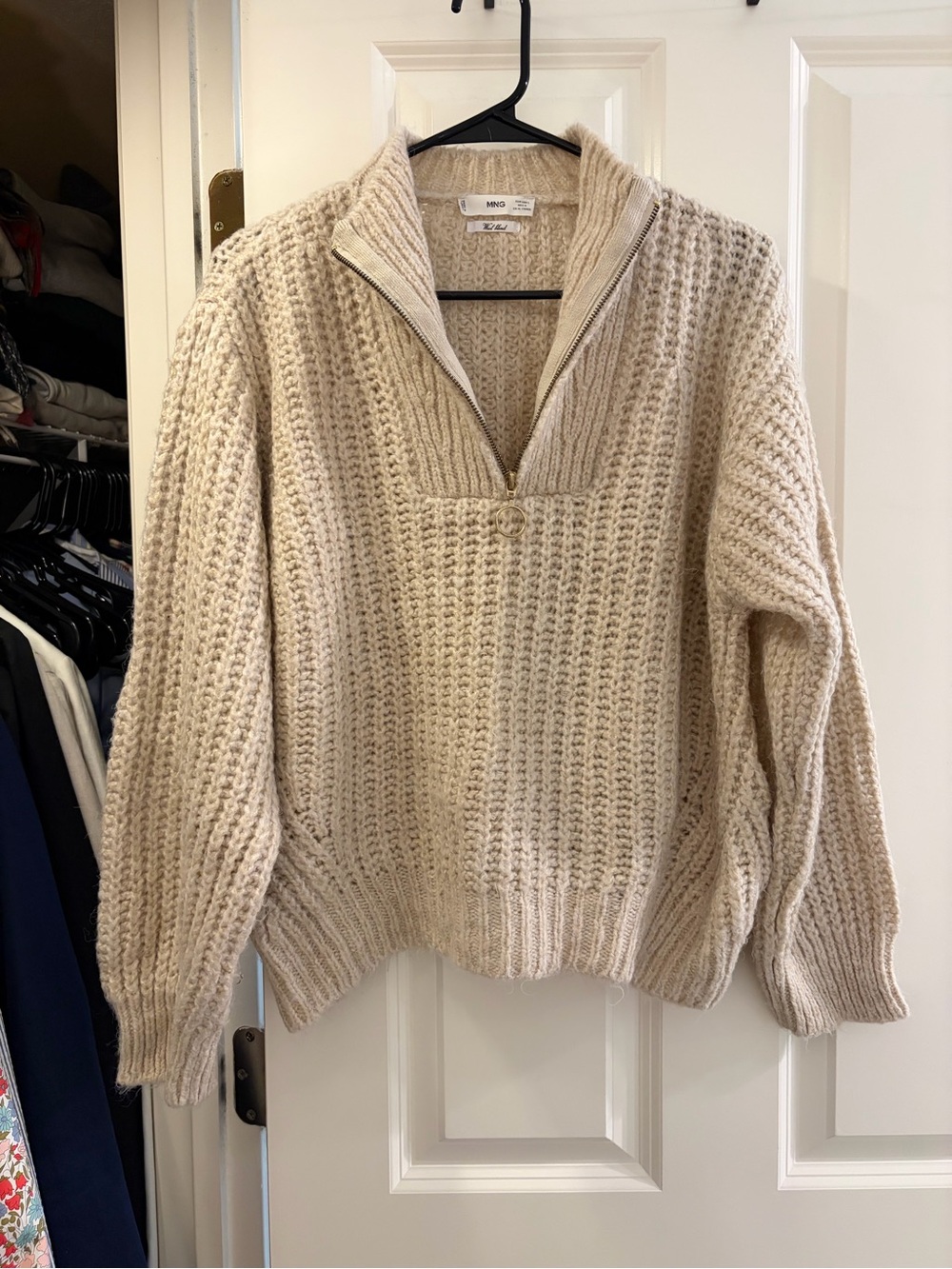 Mango Beige Cream Zip-Front V-Neck Wool Blend Sweater